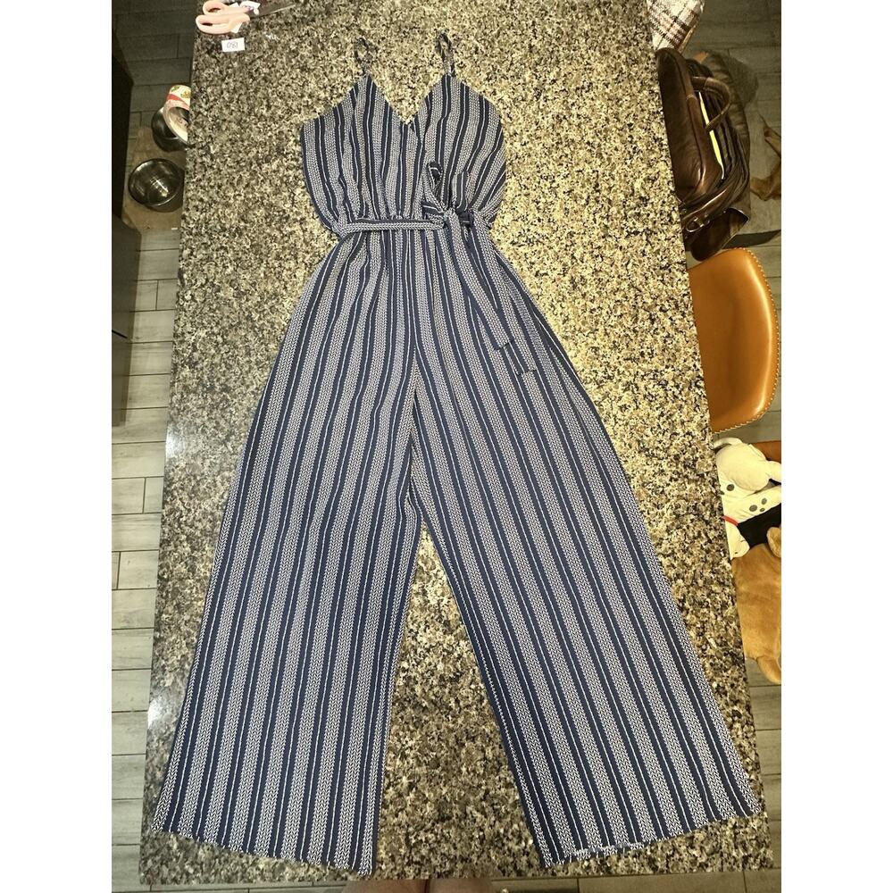 J for Justin Navy‎ Blue Striped Straight Leg Jumpsuit With Sash